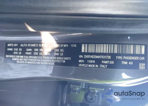 2017 Alfa Romeo Giulia Ti Awd z USA, uszkodzony, nr VIN ZARFAEEN4H7531736